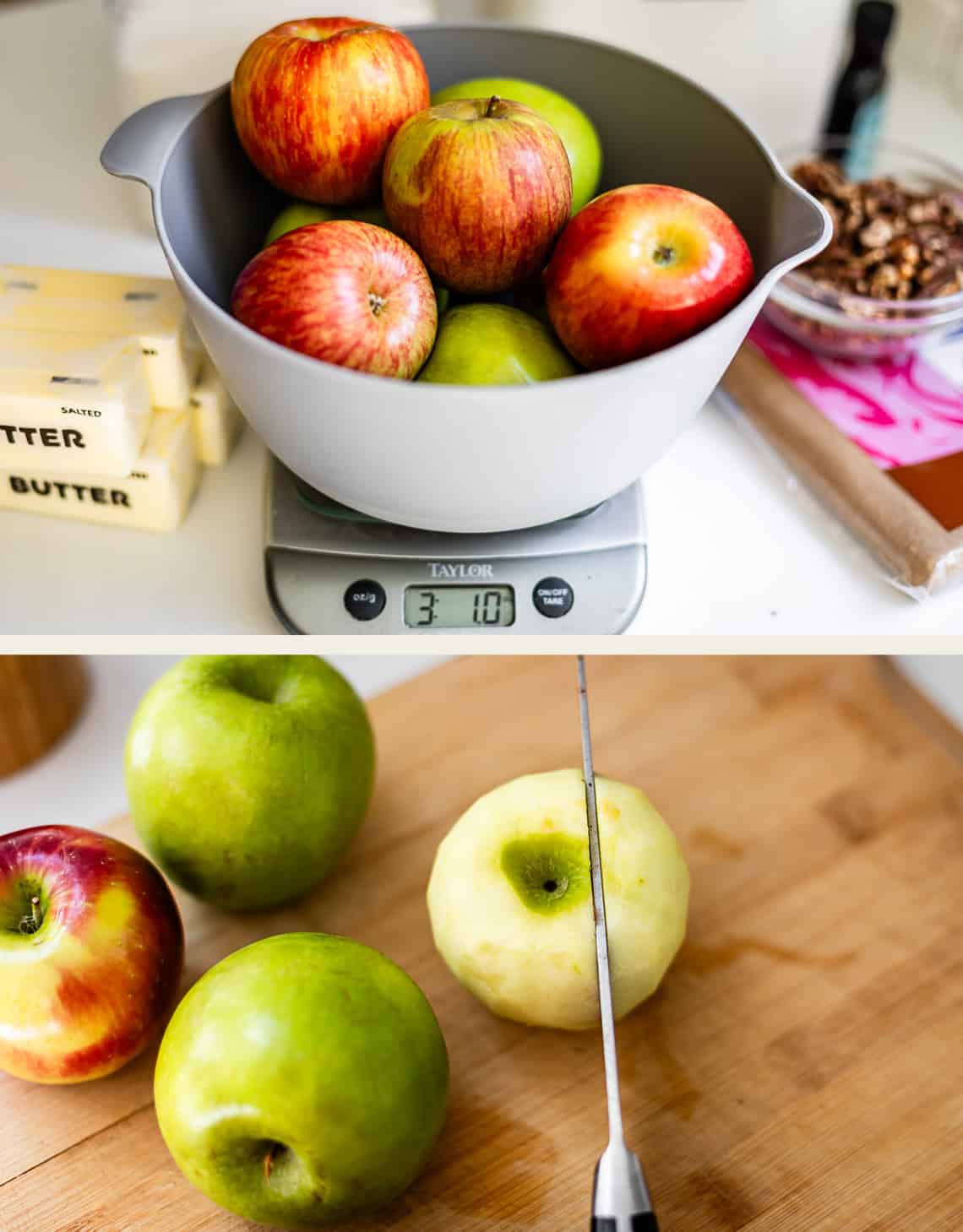 Top: A bowl of apples on a kitchen scale. Bottom: Three apples, one being peeled with a knife on a wooden cutting board. Butter, nuts, and other baking ingredients are visible in the background.