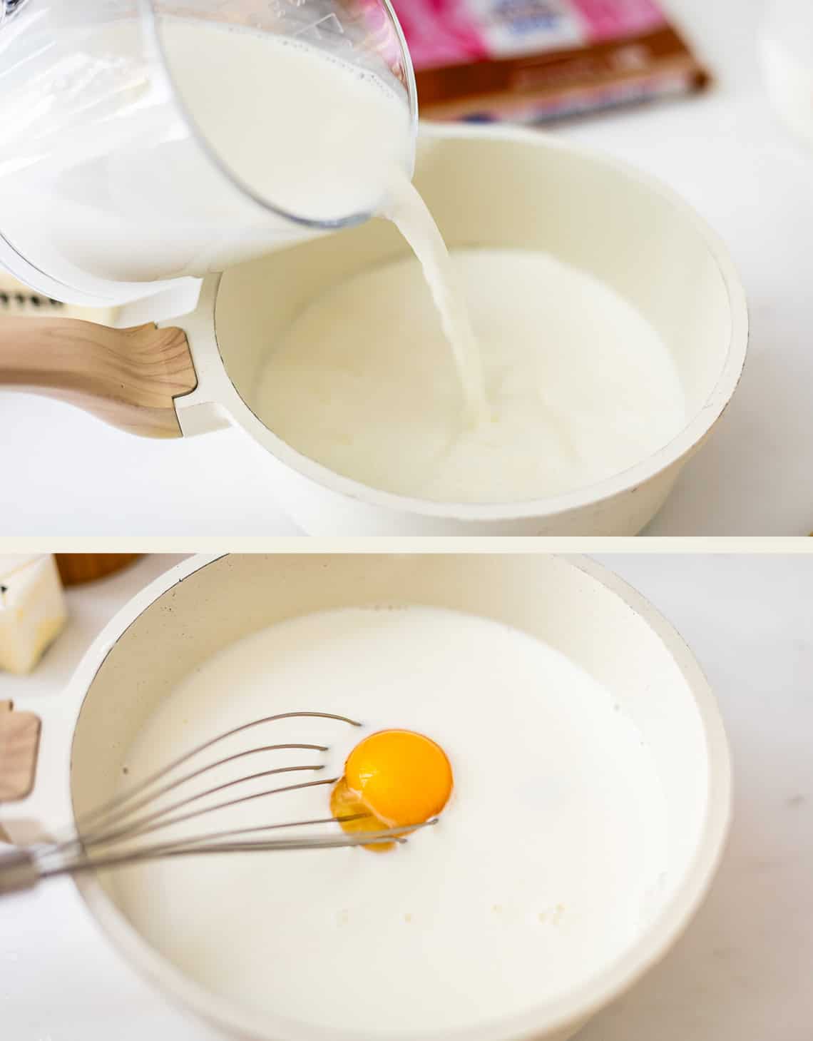 Top: Milk being poured into a white saucepan. Bottom: A whisk and a raw egg yolk in the milk-filled saucepan.