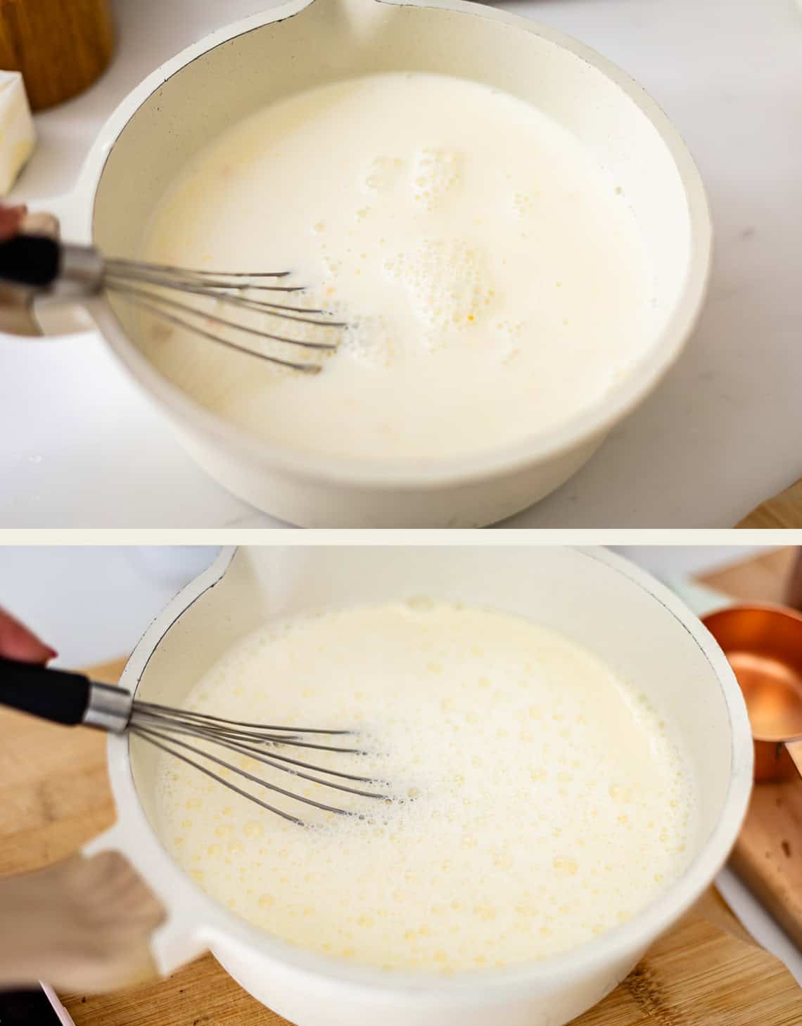 Two images show a hand whisking a creamy mixture in a white bowl on a light surface. The liquid looks frothy, and measuring cups are visible nearby.