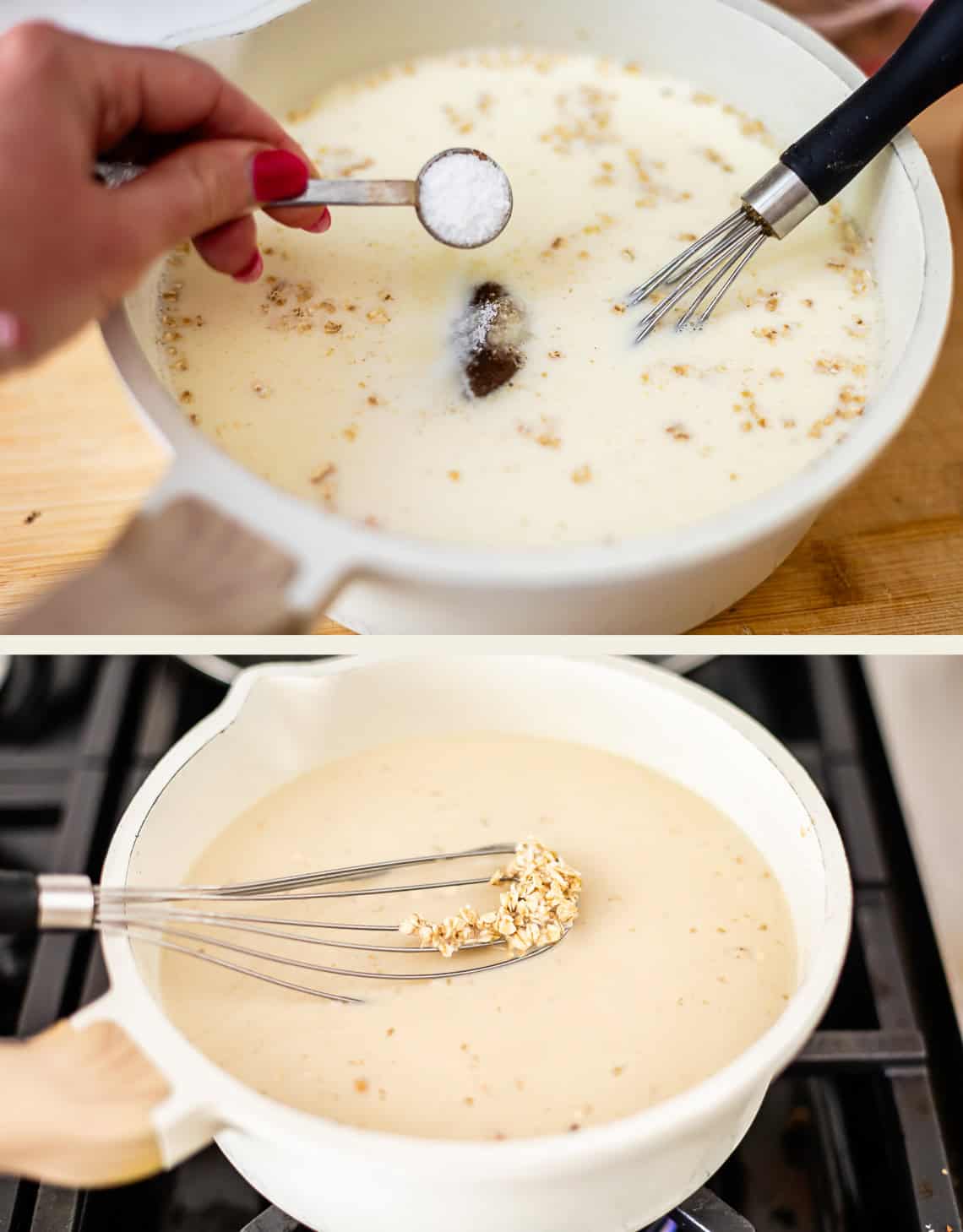 A hand adds salt to a pot of milk and oats with a whisk, then the mixture is shown thickened on the stove with the whisk resting inside.