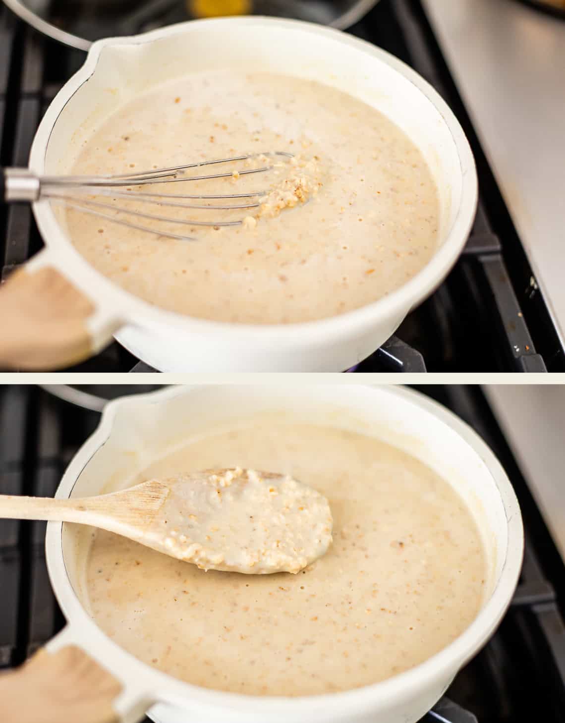 Two images show a white pot on a stove with bubbling oatmeal, first being stirred with a whisk, then a wooden spoon lifting a portion of the thickened mixture.