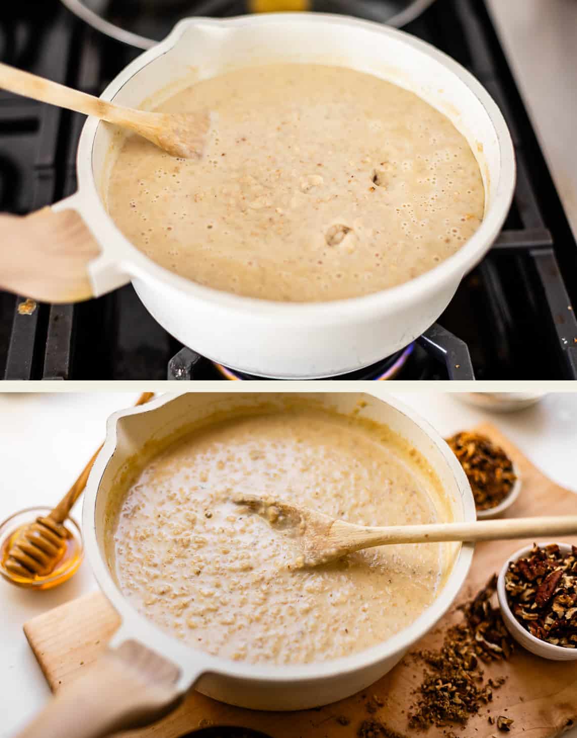 A wooden spoon stirs a pot of bubbling oatmeal on the stove in the first image. The second image shows finished oatmeal in a pot with honey, nuts, and a wooden spoon nearby.