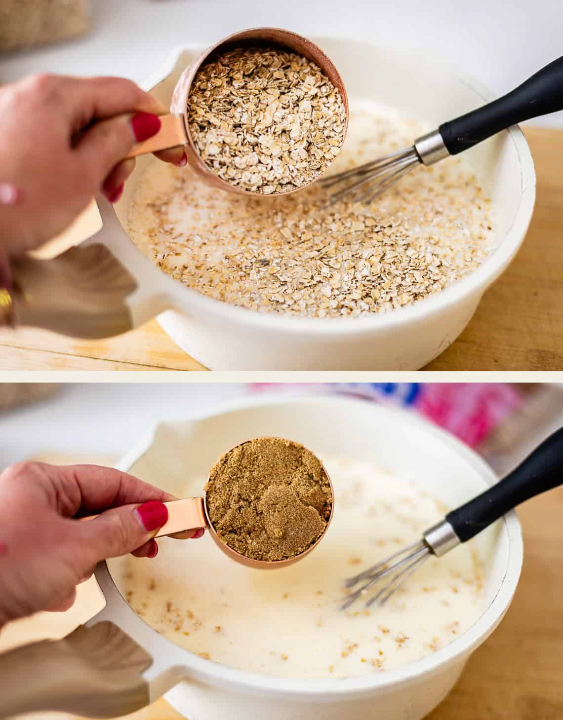 A hand pours oats, then brown sugar, from measuring cups into a bowl of milk with a whisk. The bowl sits on a wooden surface.