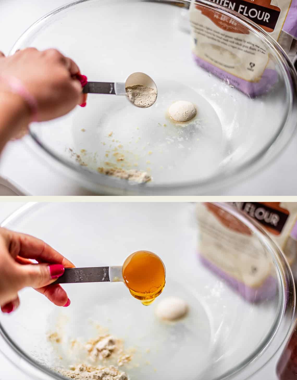 Two images show a hand adding ingredients to a glass bowl: first, a spoon of flour, then a spoon of honey. A bag labeled Gluten Flour is in the background. A dough ball is in the bowl.