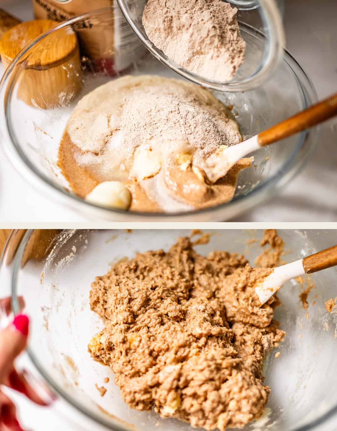 Two photos: The first shows flour being added to wet ingredients in a mixing bowl. The second shows the combined, textured dough in the same bowl, being mixed with a white spatula.