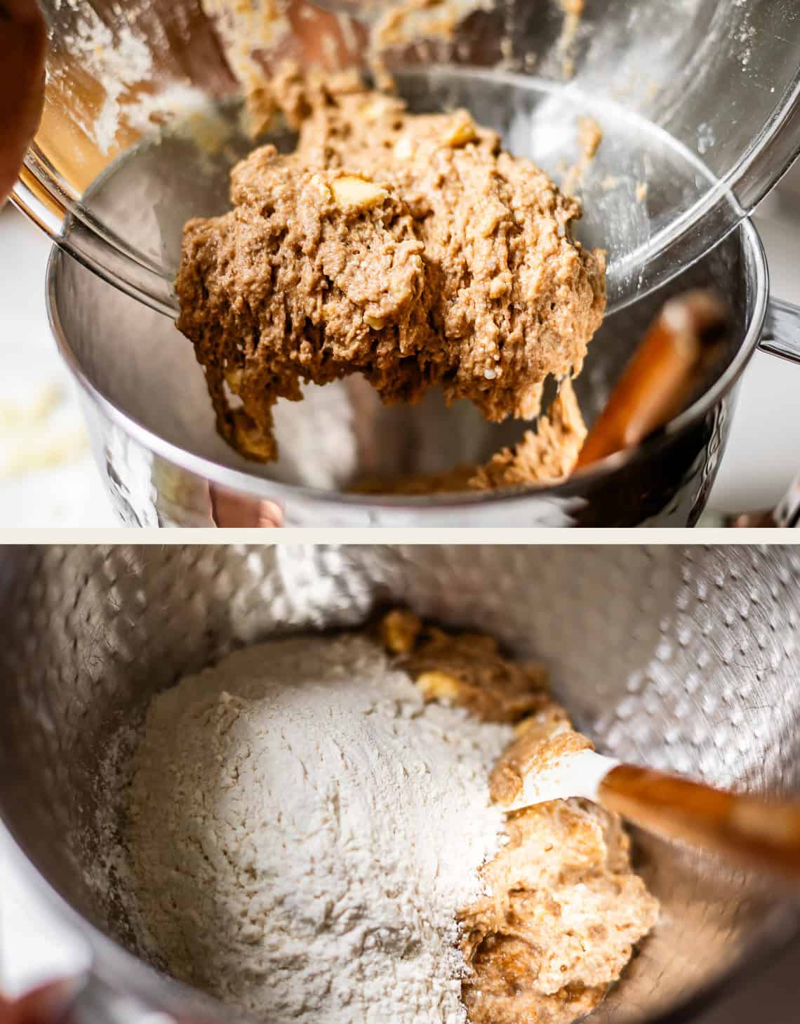 Two photos: The top shows thick brown batter being poured into a mixing bowl. The bottom shows flour in the same bowl with a wooden spoon partially mixing in the brown batter.