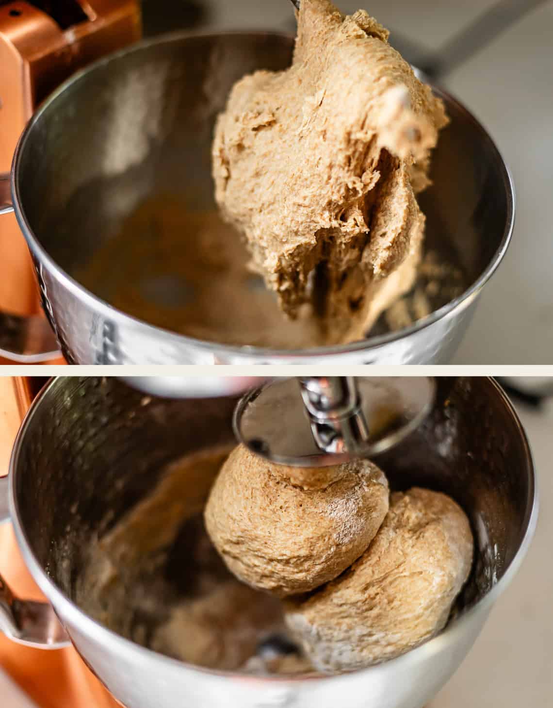 Two images show whole wheat dough in a stand mixer bowl, with a dough hook kneading and lifting the dough. The texture appears sticky and elastic, indicating the dough is being mixed.