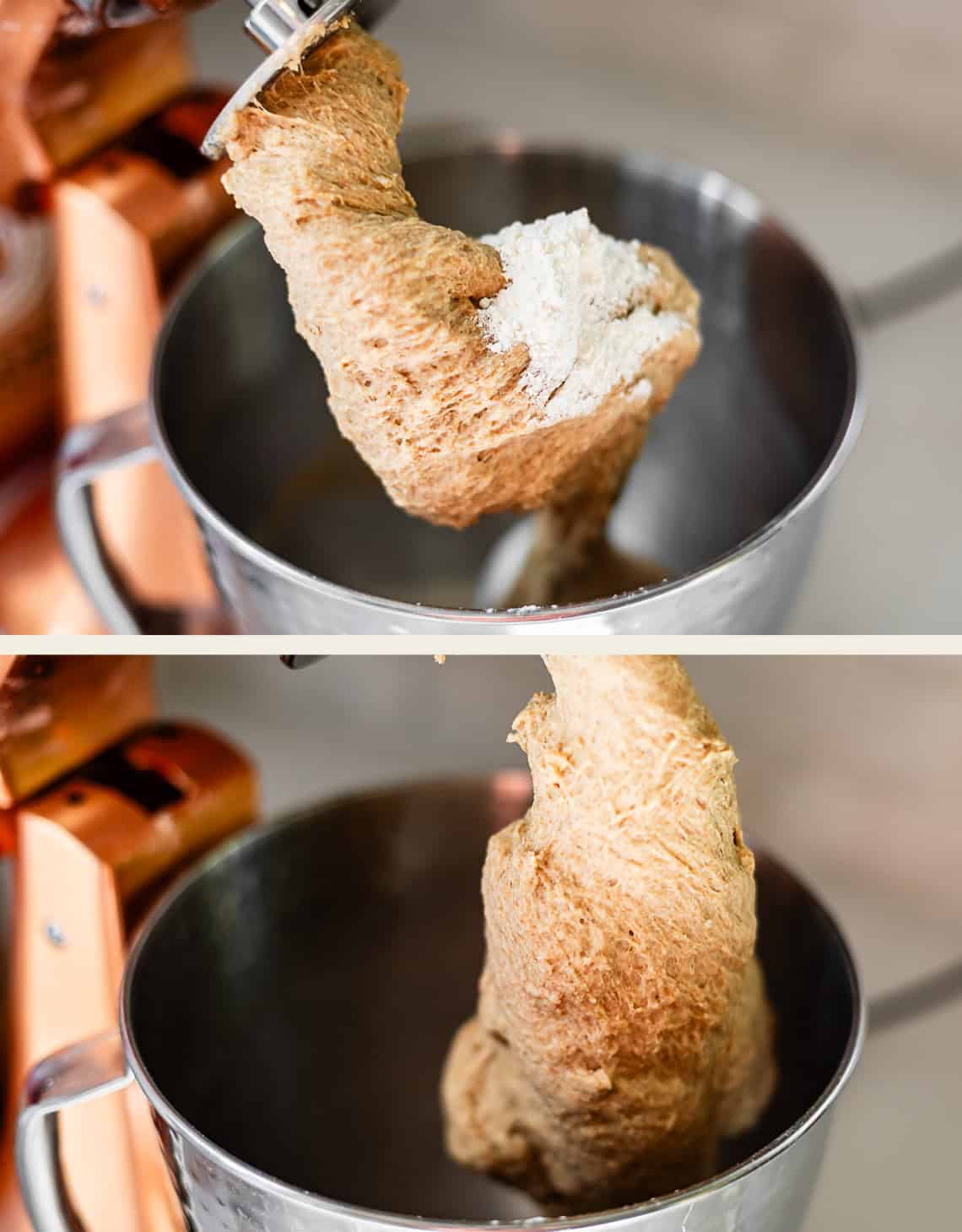 Two images of a stand mixer with wheat dough stuck to the dough hook, showing the dough being kneaded and some dry flour in the top image. The mixer bowl and hook are metallic.