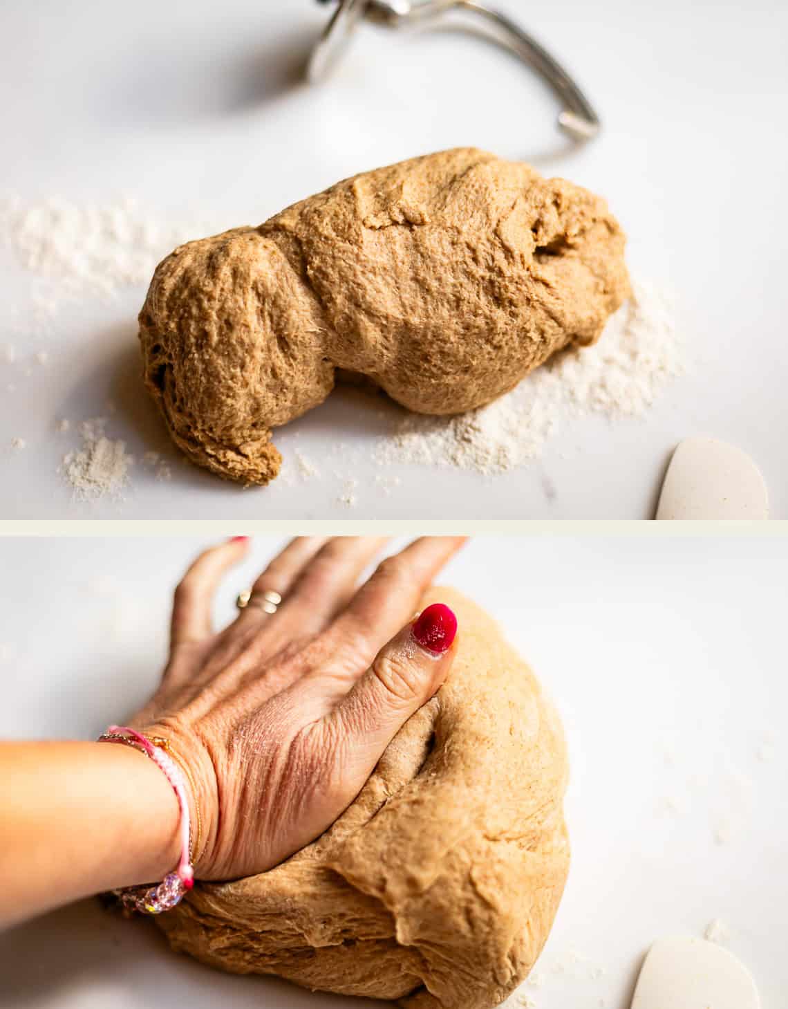 Top: Brown dough on floured surface with a dough hook nearby. Bottom: A hand with red nail polish kneads the same dough, pressing down firmly.