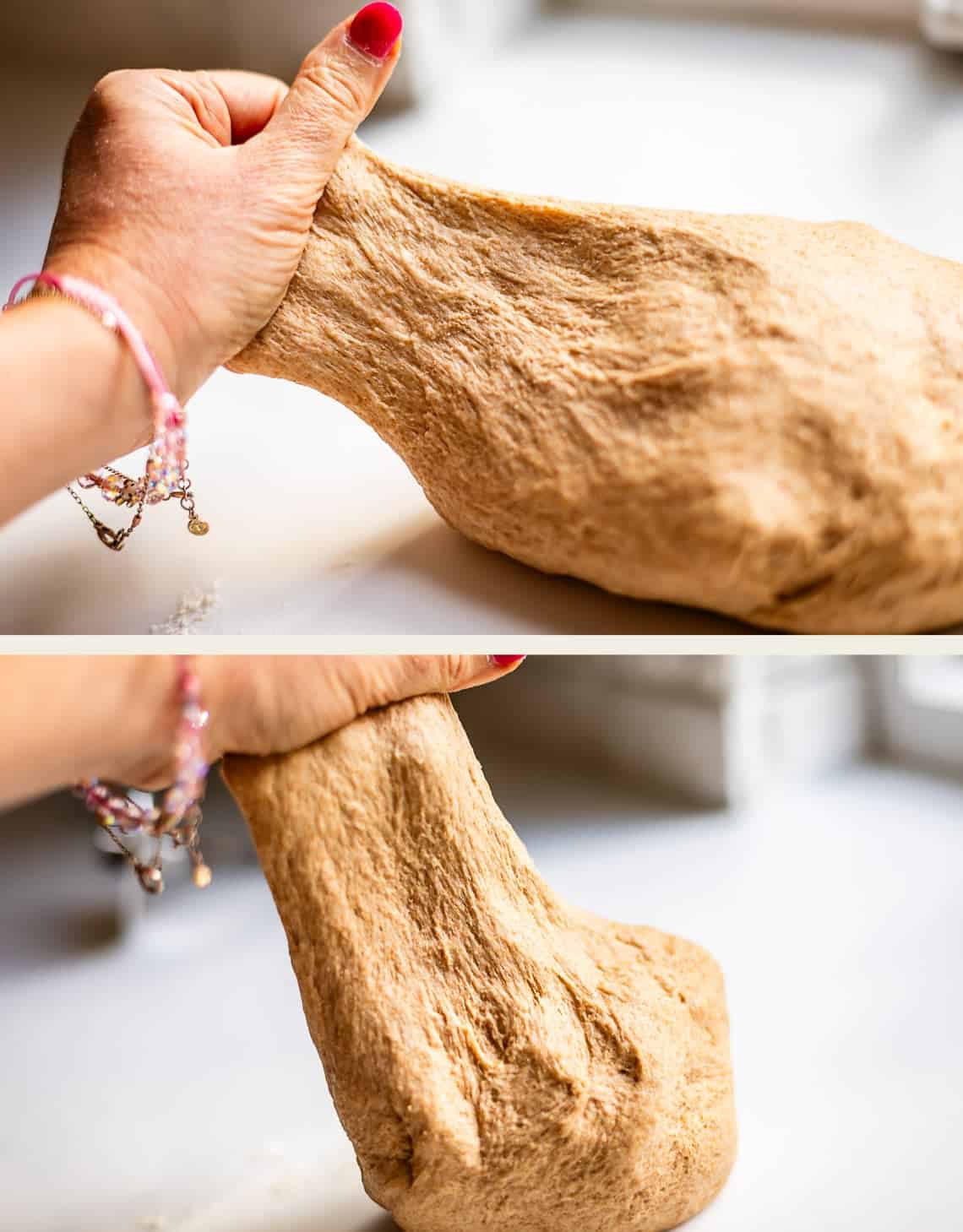 A hand with pink nail polish stretches whole wheat bread dough on a white surface, showing its elasticity in two close-up views.