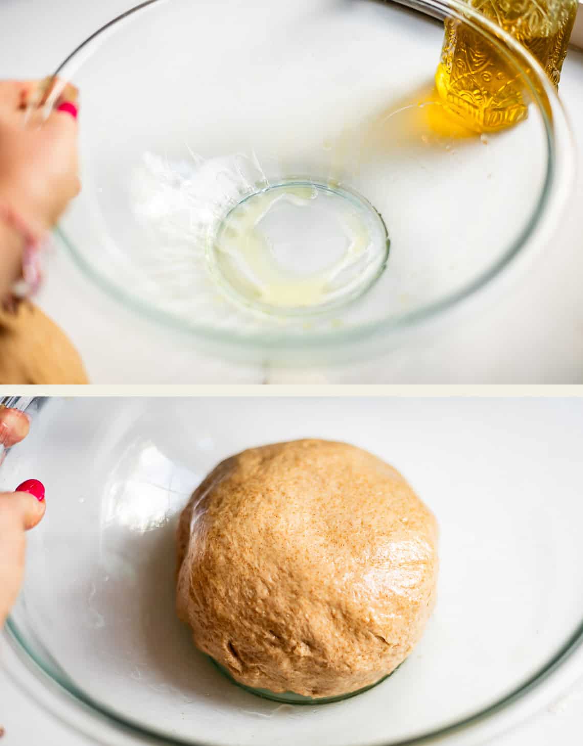 Top: A hand pours oil into a clear glass bowl. Bottom: A ball of brown dough rests in the oiled bowl, ready to rise.