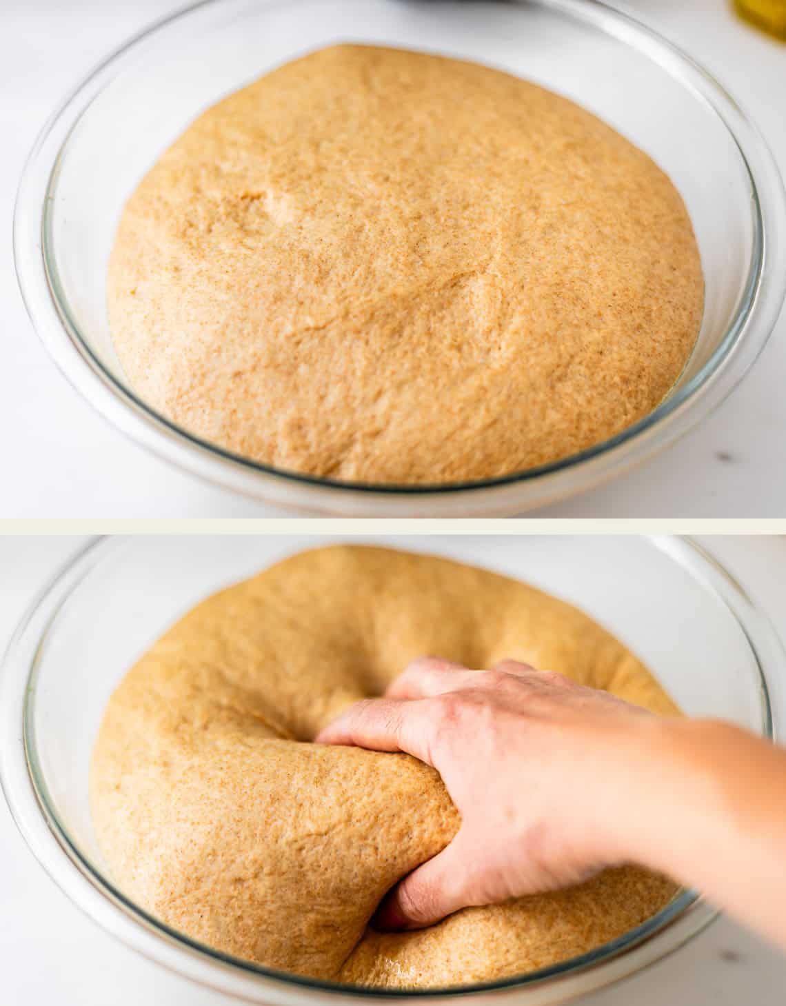 A glass bowl of risen dough is shown. In the bottom image, a hand presses down on the dough, deflating it.