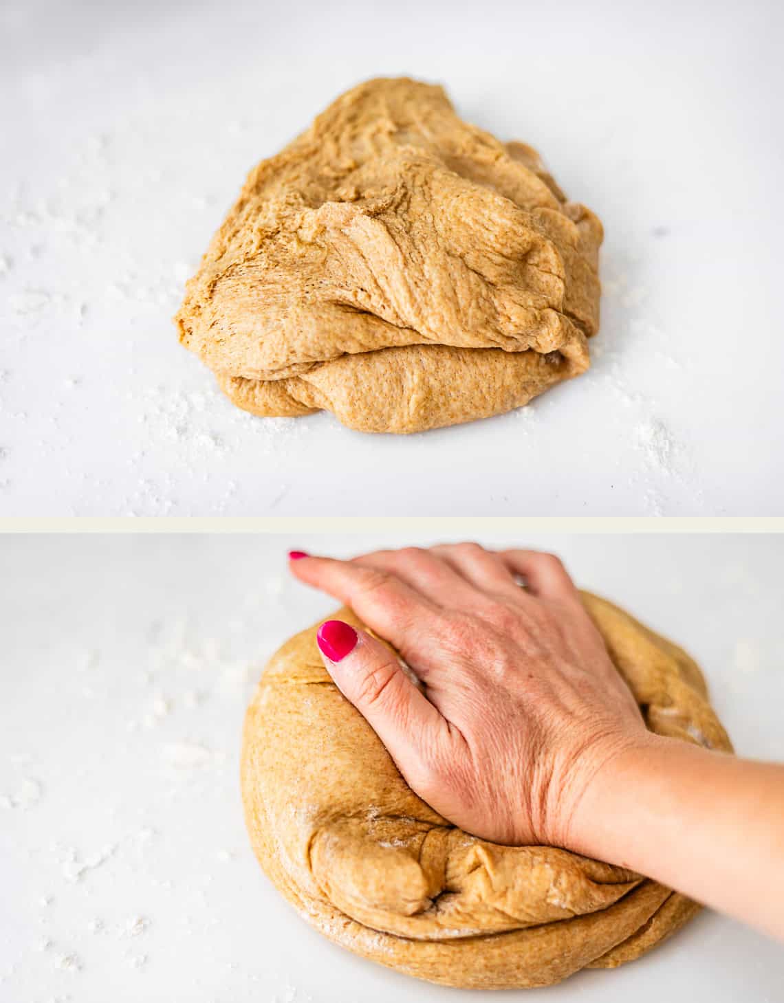 Top: A ball of brown dough on a floured surface. Bottom: A hand with red nail polish kneads the dough on the same surface.