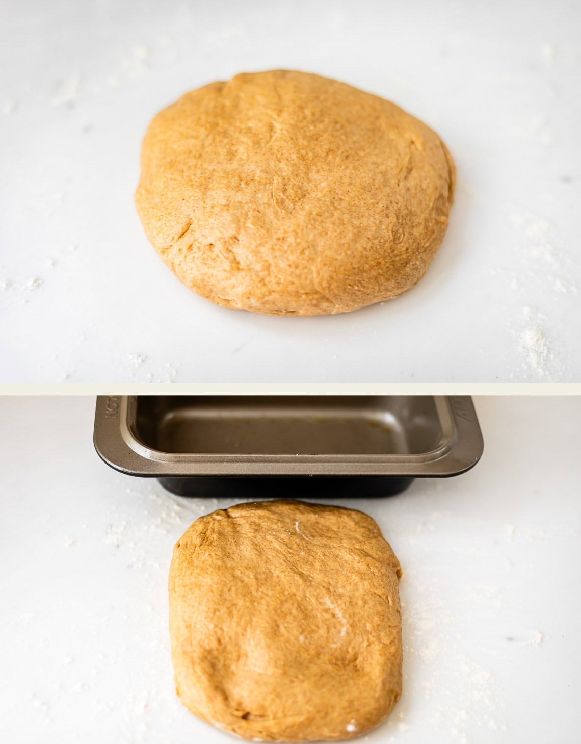 A two-part image shows a round ball of bread dough on a floured surface in the top half and the dough shaped into a rectangle next to a bread pan in the bottom half.