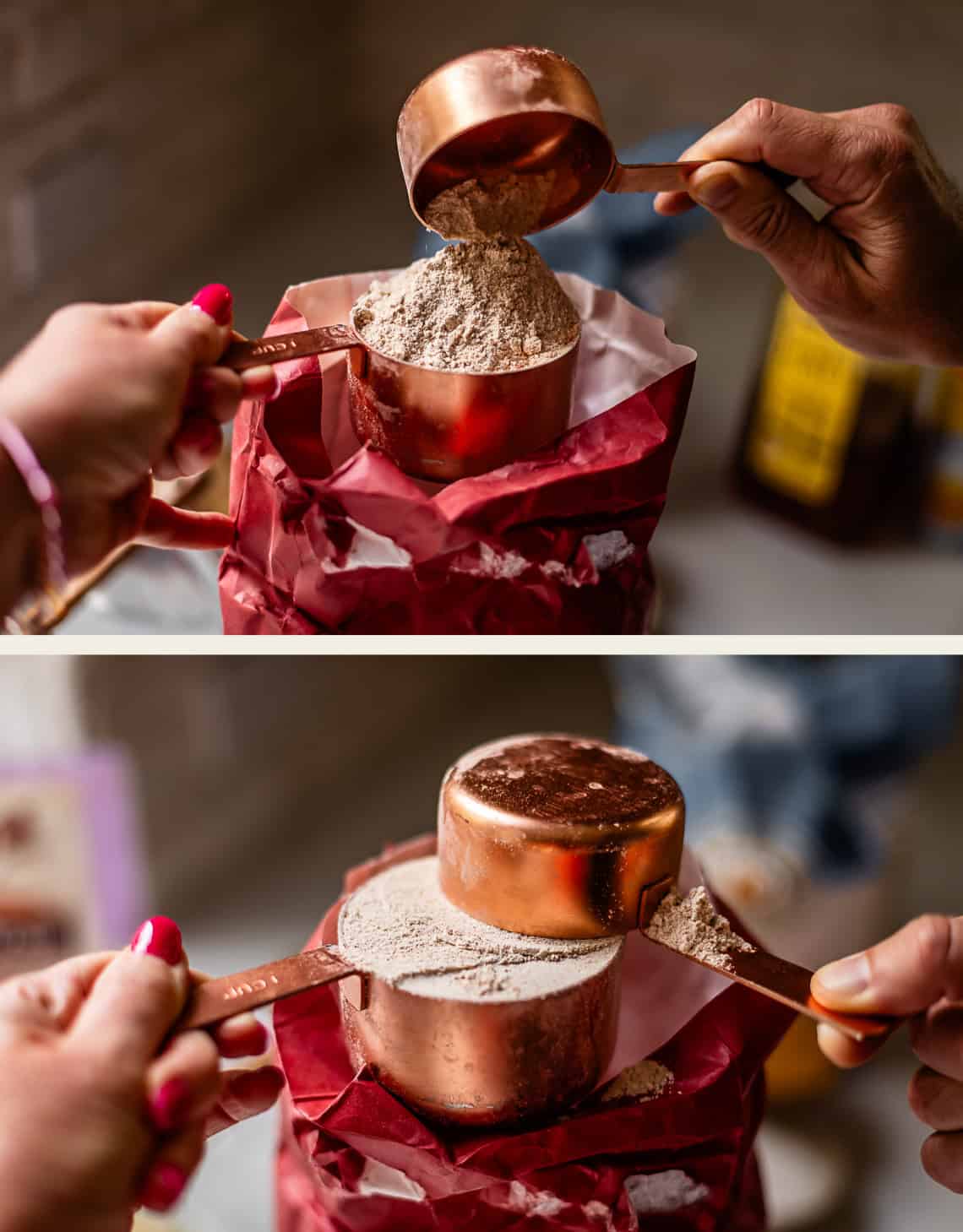 Two images: Hands scoop flour from a red paper bag with a copper measuring cup, leveling the top with a flat edge. Background includes blurred kitchen items.