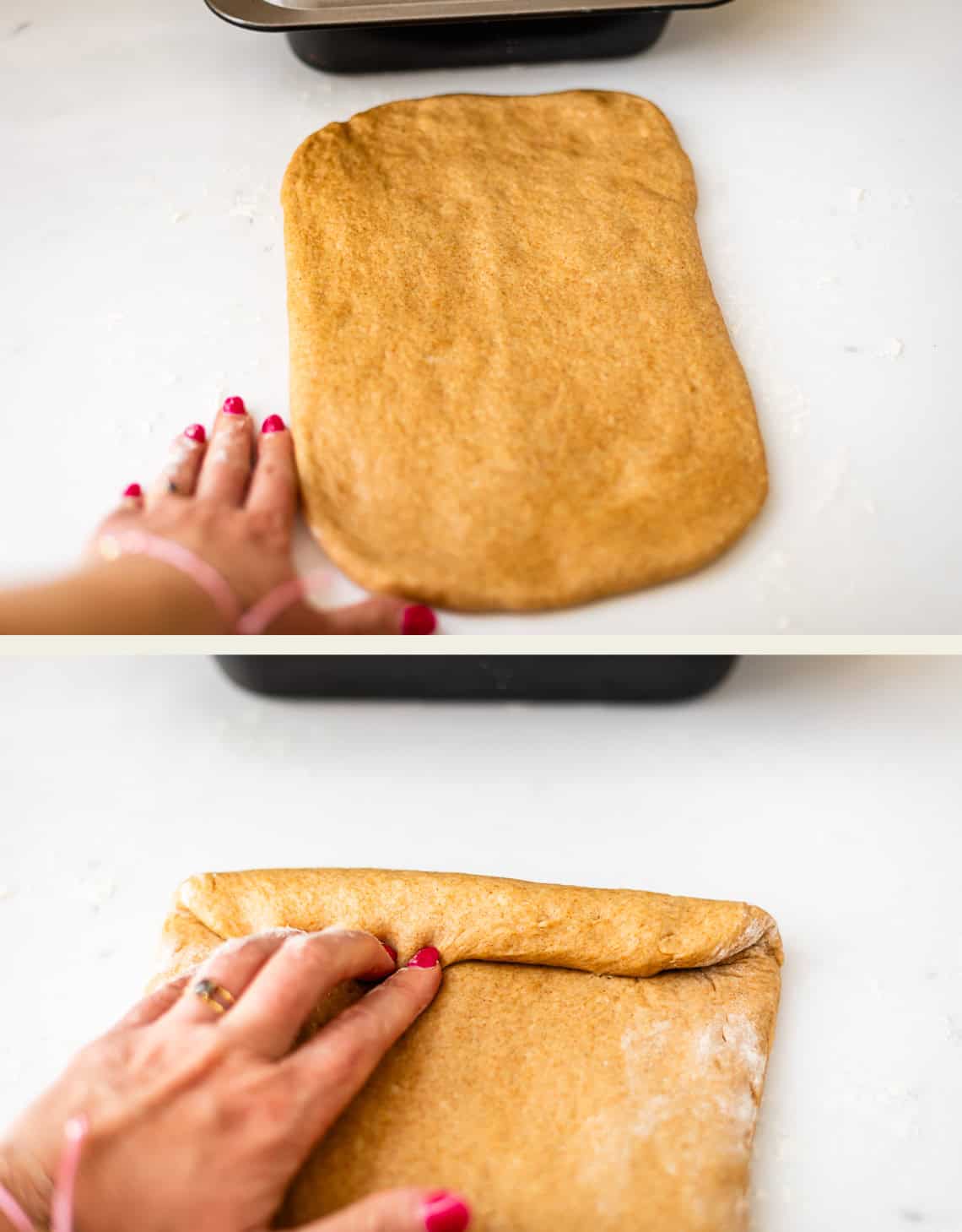 Two photos: A hand shapes a rectangle of dough on a floured surface, then begins to roll up the dough from one edge.