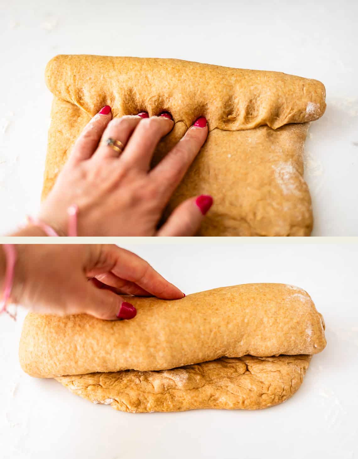 Two images show hands with red nail polish folding brown dough on a light surface, shaping it for baking.