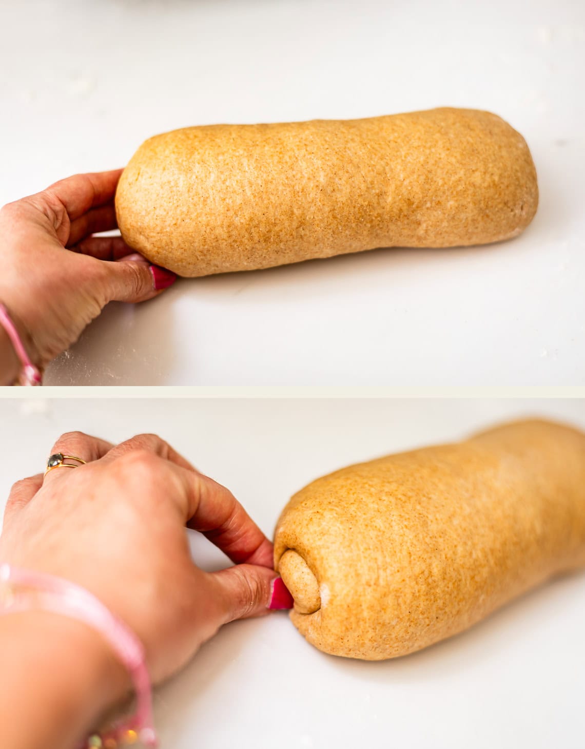 A hand rolls up brown dough on a white surface. In the top image, the dough is mostly rolled, and in the bottom image, the hand pinches the end to seal it.