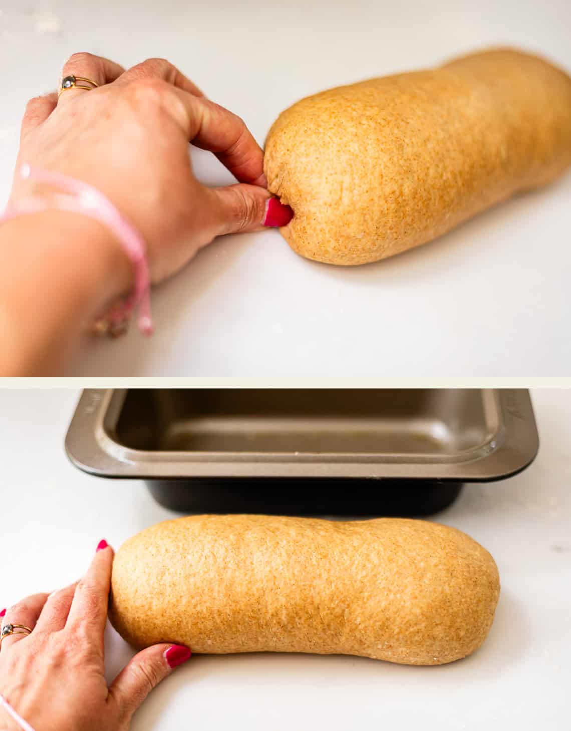 Two images: a hand pinching the seam of a loaf-shaped piece of dough; then placing the dough in front of a metal loaf pan, ready to be put inside. Both images focus on bread-making steps.