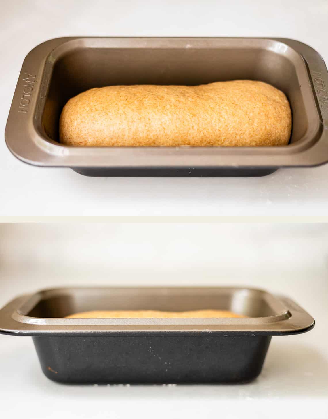 A loaf pan with unbaked bread dough inside, shown from above and from the side on a white surface.