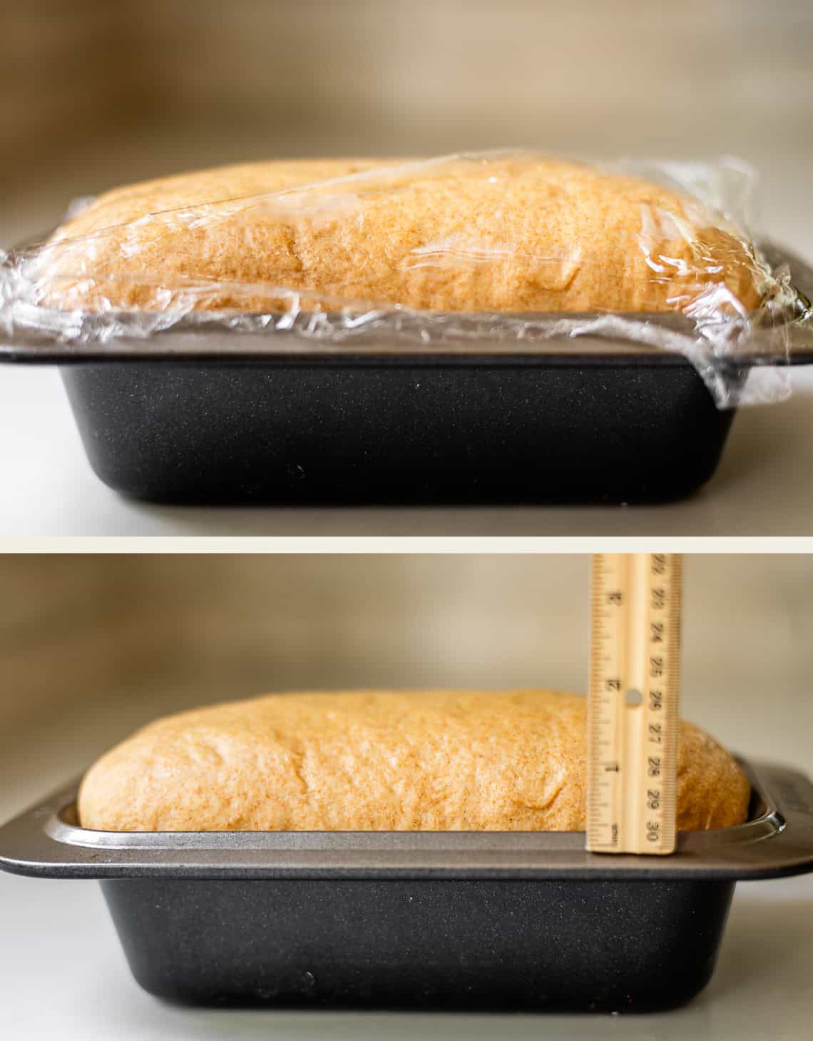 Two side-by-side images of bread dough in a loaf pan. Top: dough rises under plastic wrap. Bottom: dough after the wrap is removed, with a ruler measuring its height.