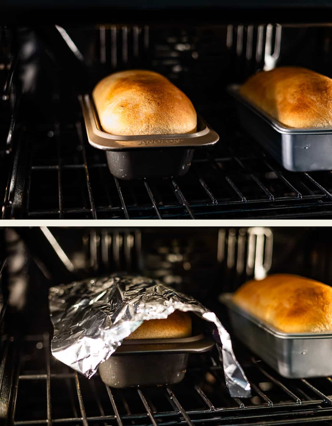 Two images: Top, two loaves of bread baking in loaf pans in an oven. Bottom, one loaf partially covered with a sheet of aluminum foil while still in the pan and oven.