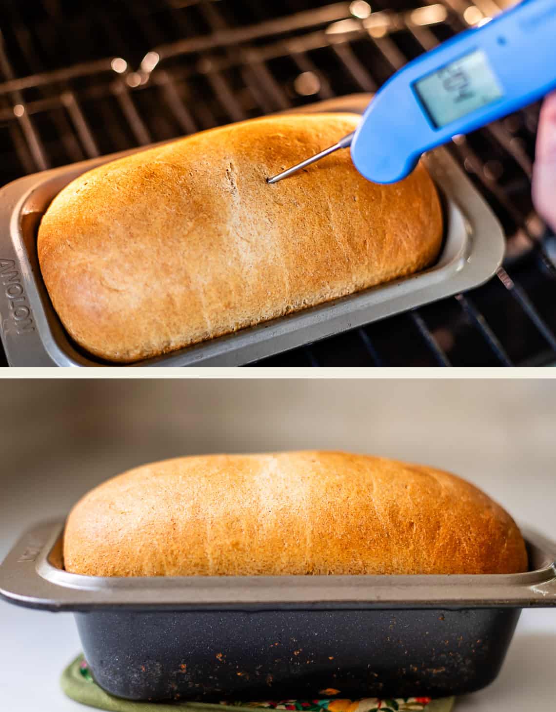 Top: A thermometer checks the temperature of a loaf of bread in a pan in the oven. Bottom: The finished golden loaf rests in the same pan outside the oven.