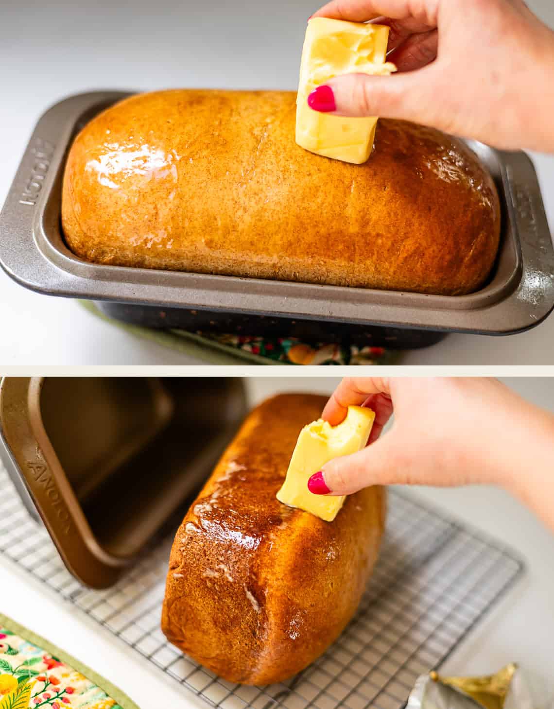 Two images: a hand rubs butter on a loaf of bread, first while its in a baking pan, then after its removed and placed on a cooling rack. The bread has a shiny, golden-brown crust.
