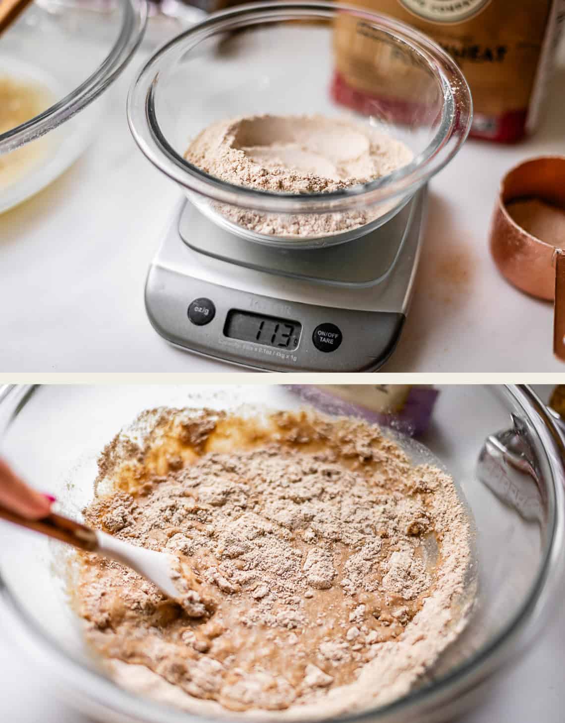 Top: A glass bowl of flour on a kitchen scale reading 113g. Bottom: Flour being mixed with wet ingredients in a glass bowl using a spatula.