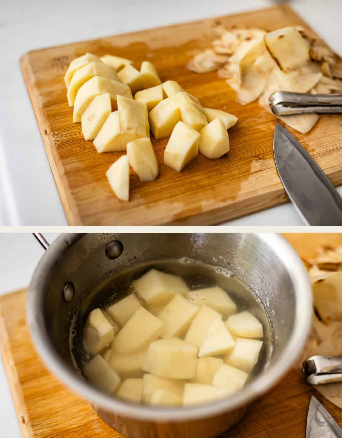 Two images: diced potatoes on a cutting board with a knife and peeler; below, the potato chunks soaking in water in a metal pot.