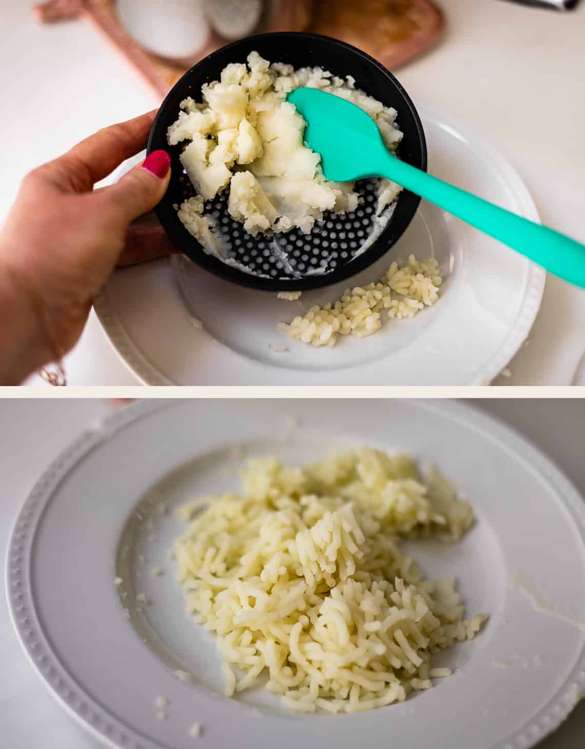 A hand uses a green spatula to mash potatoes through a black ricer over a white plate; below, riced potatoes rest on the plate.
