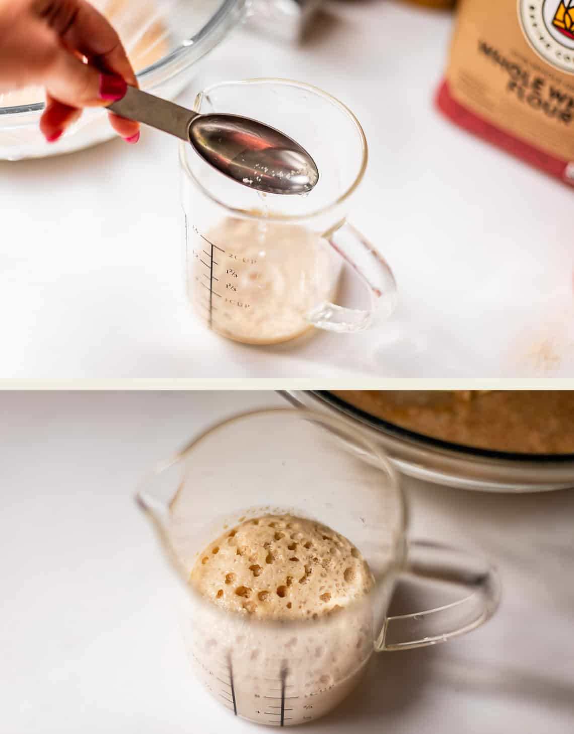 Two images: Top, a hand holds a spoon over a measuring cup with foamy liquid. Bottom, the same cup now shows bubbly, risen yeast mixture. Flour bag and bowl are blurred in the background.