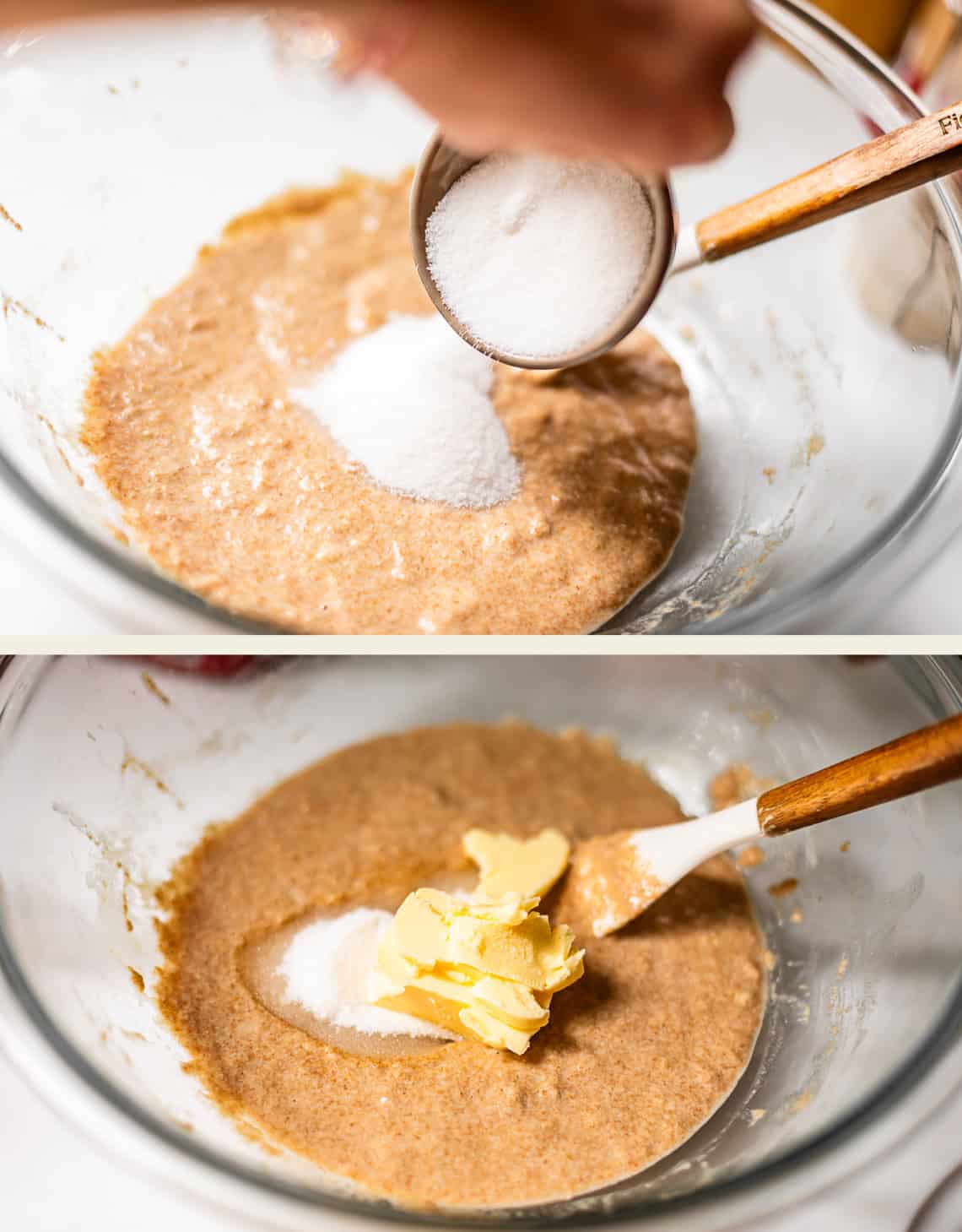 A hand pours sugar into a mixing bowl of batter in the top image. In the bottom image, a spatula rests in the bowl with butter, sugar, and batter.