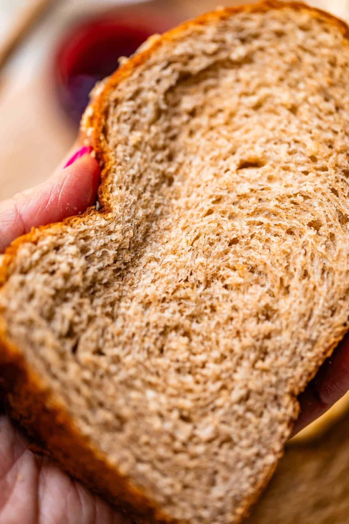 A close-up of a hand holding a slice of whole wheat bread, showing the soft, textured interior.