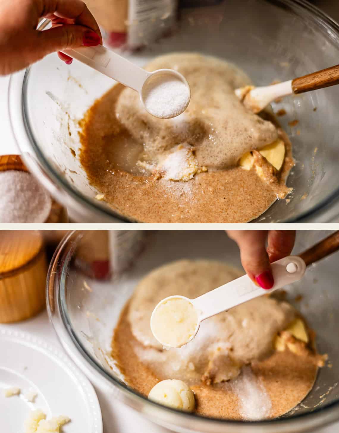 Two images show hands holding measuring spoons above a mixing bowl containing a brown batter and banana slices; the top spoon has sugar and the bottom spoon has flour. A spatula and wooden container are nearby.