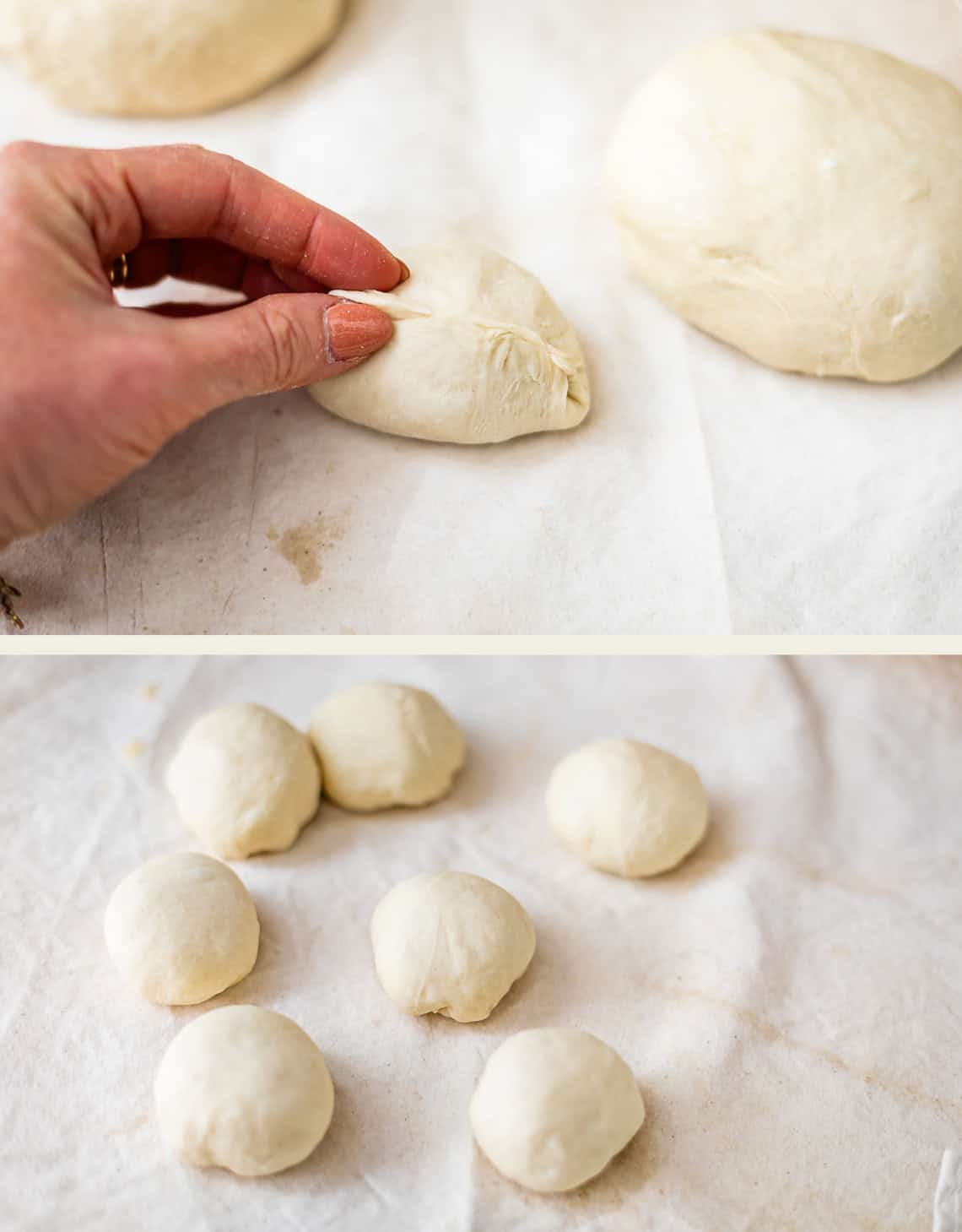 A hand pinching the seam of a small dough ball, with several other formed dough balls arranged on a cloth surface.