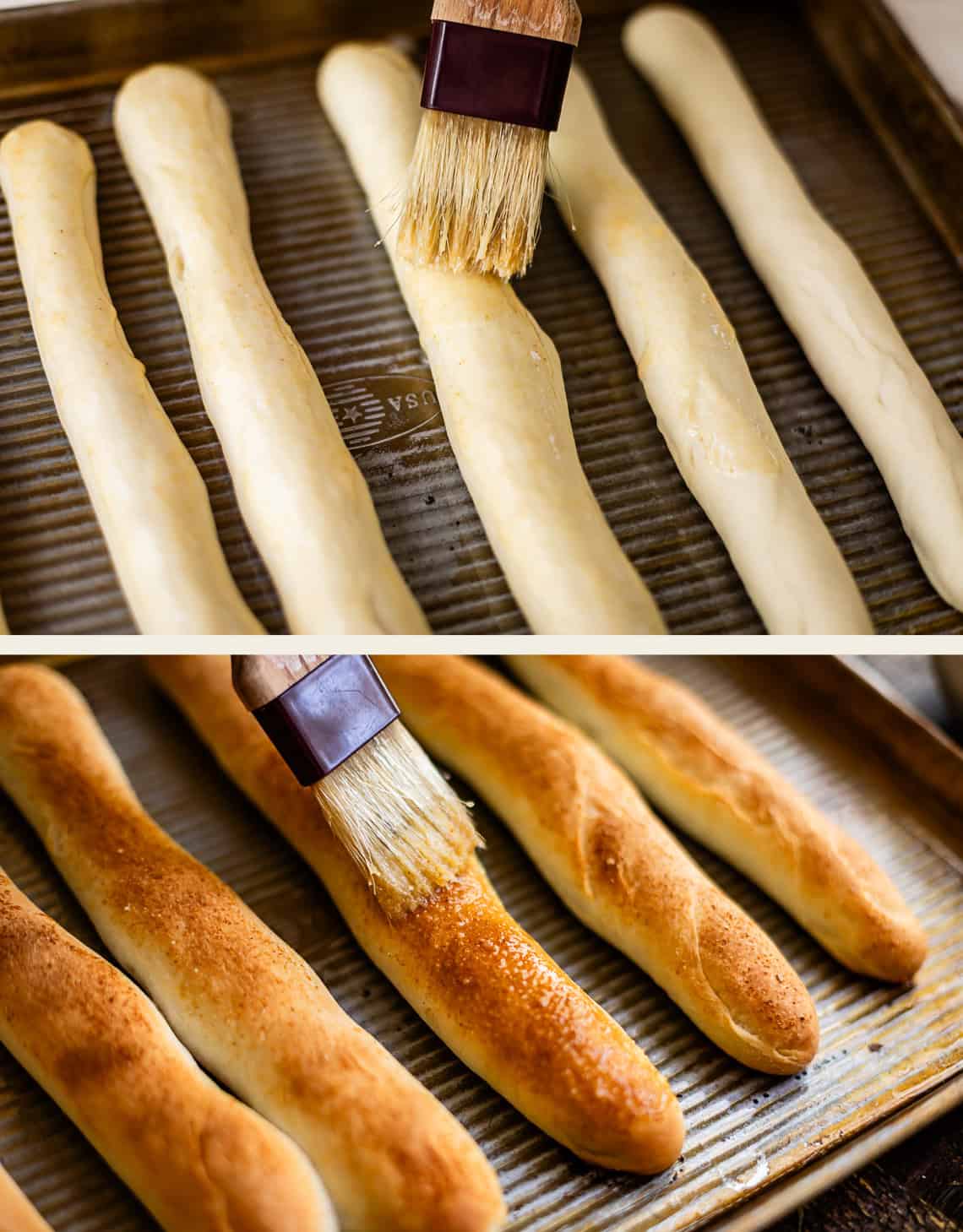 A pastry brush applies butter to uncooked breadsticks on a baking sheet, shown alongside the same breadsticks after being baked.