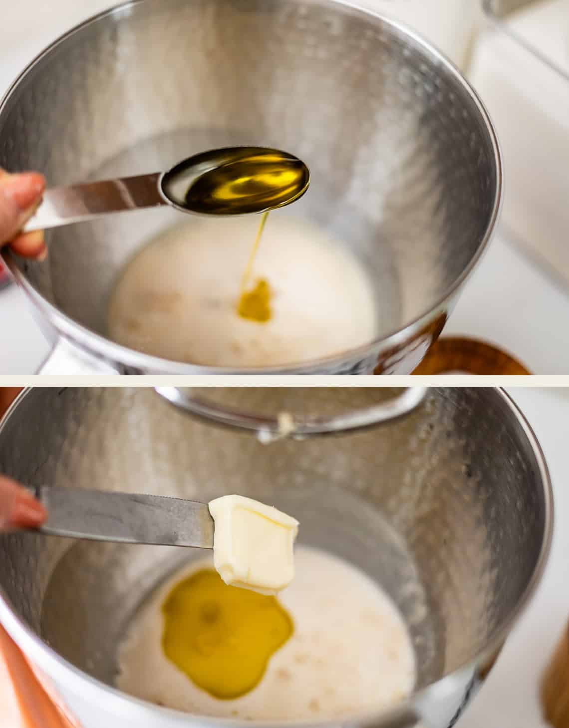 A two-panel image showing oil being poured from a measuring spoon into a metal mixing bowl, followed by a knife adding a pat of butter to the bowl.