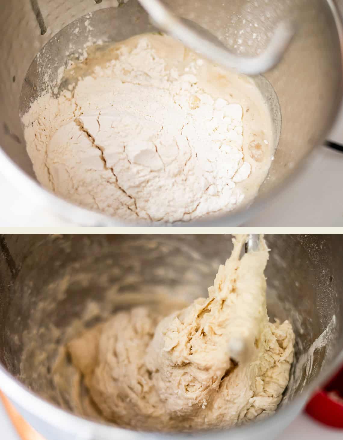 A two-part image showing flour being added to a mixing bowl and then incorporated into a dough by a stand mixer attachment.