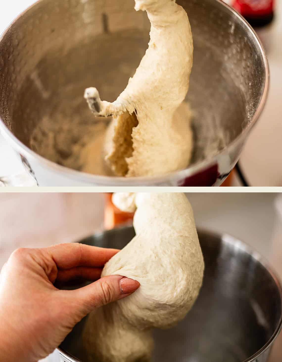 A stand mixer kneading dough, followed by a close-up of a hand stretching a piece of the dough to test its elasticity.