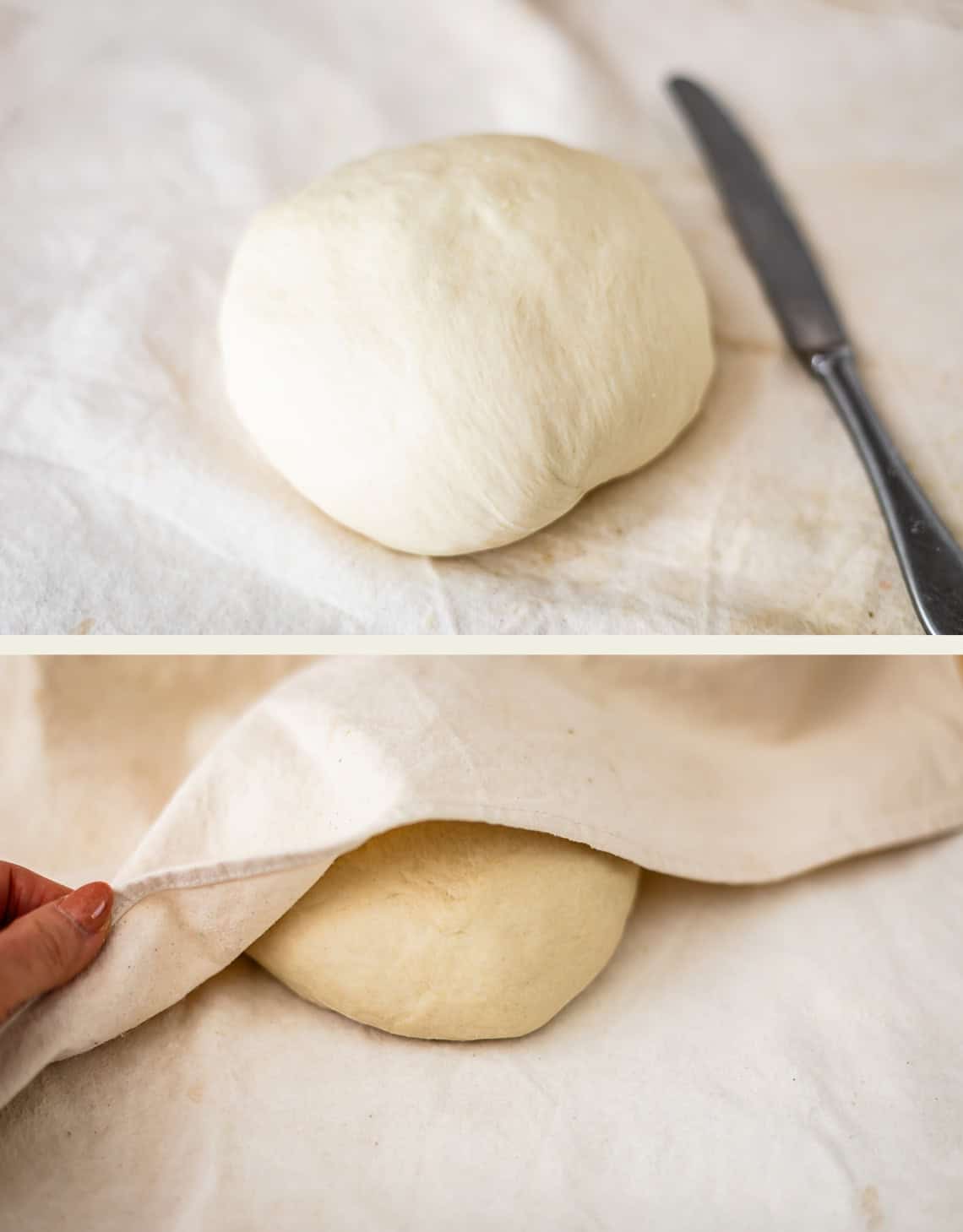A ball of raw dough on a cloth surface, shown uncovered next to a knife and then partially covered by the cloth.