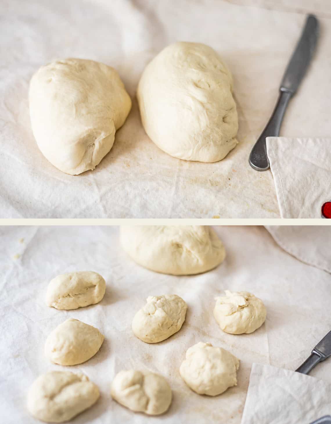Two panels showing dough being divided from two large smooth balls into several smaller, rounded portions on a cloth surface.