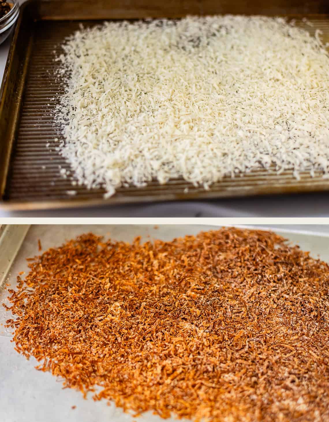 A two-part image showing shredded coconut before and after being toasted on a baking sheet.