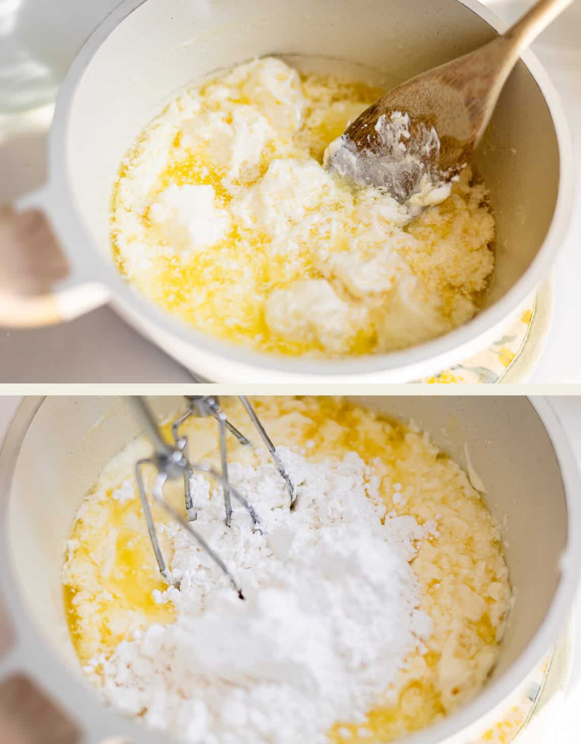 A two-part image showing butter being stirred in a pot, then mixed with powdered sugar using an electric hand mixer.