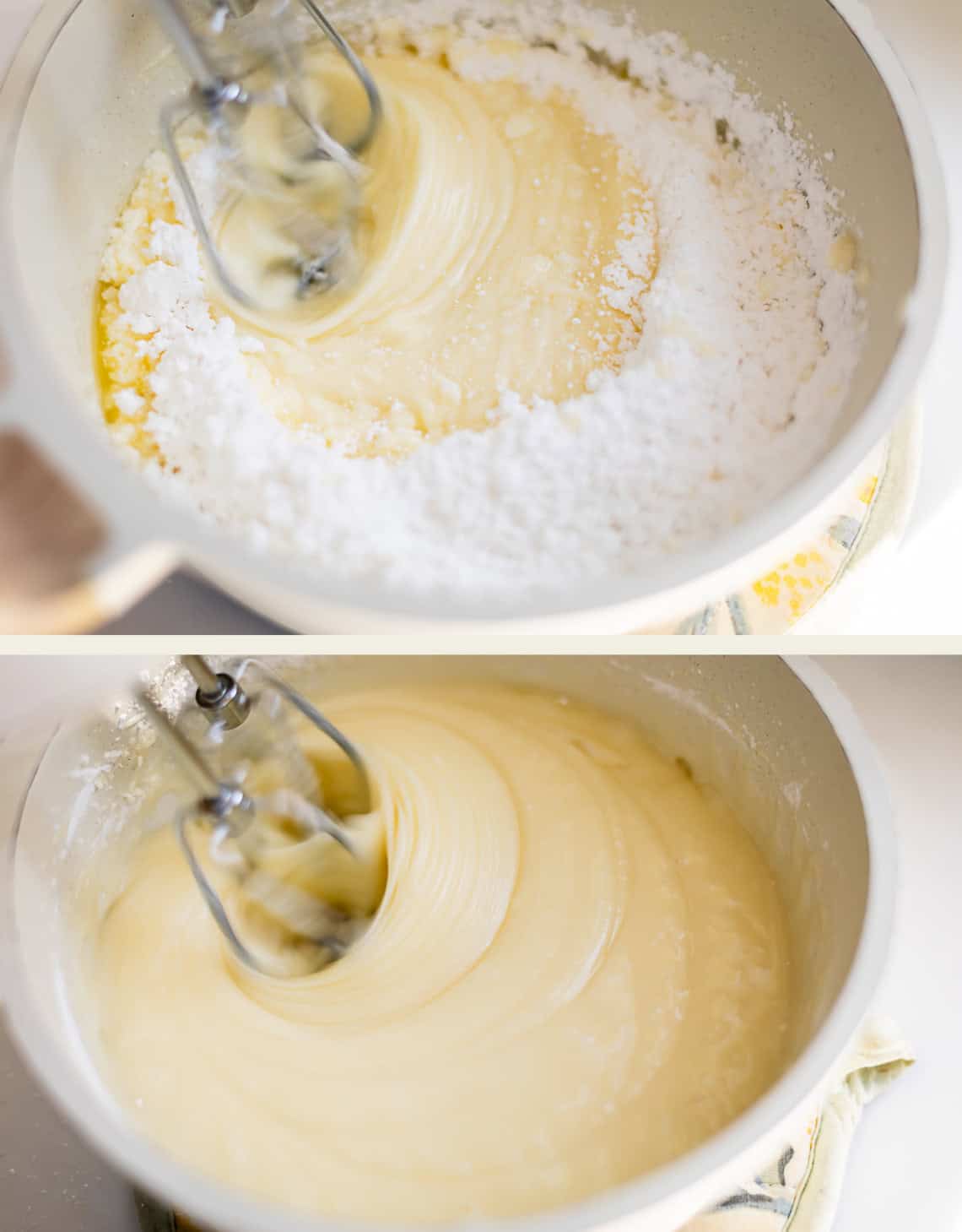 An electric hand mixer blends powdered sugar into batter in a mixing bowl, shown before and after the ingredients are fully incorporated.