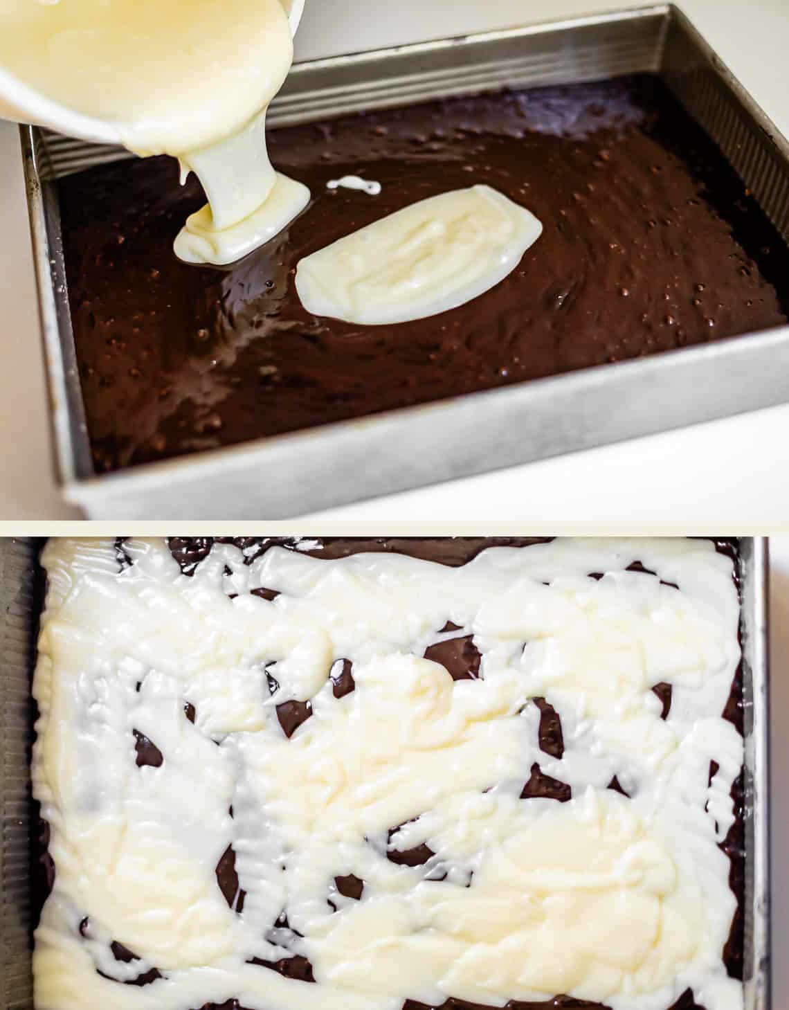 Two photos showing white icing being poured and swirled over a rectangular pan of dark chocolate brownies.