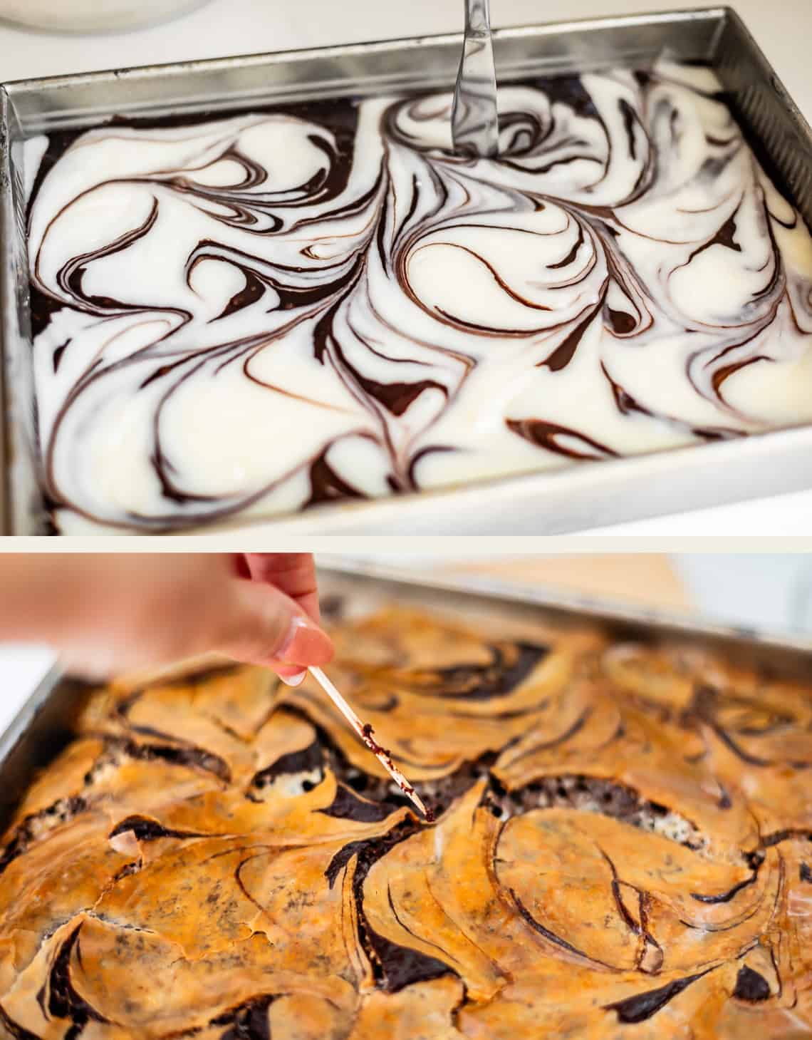 A metal baking pan containing batter swirled with dark and light layers, shown before and after baking, with a toothpick being used to check for doneness in the baked version.