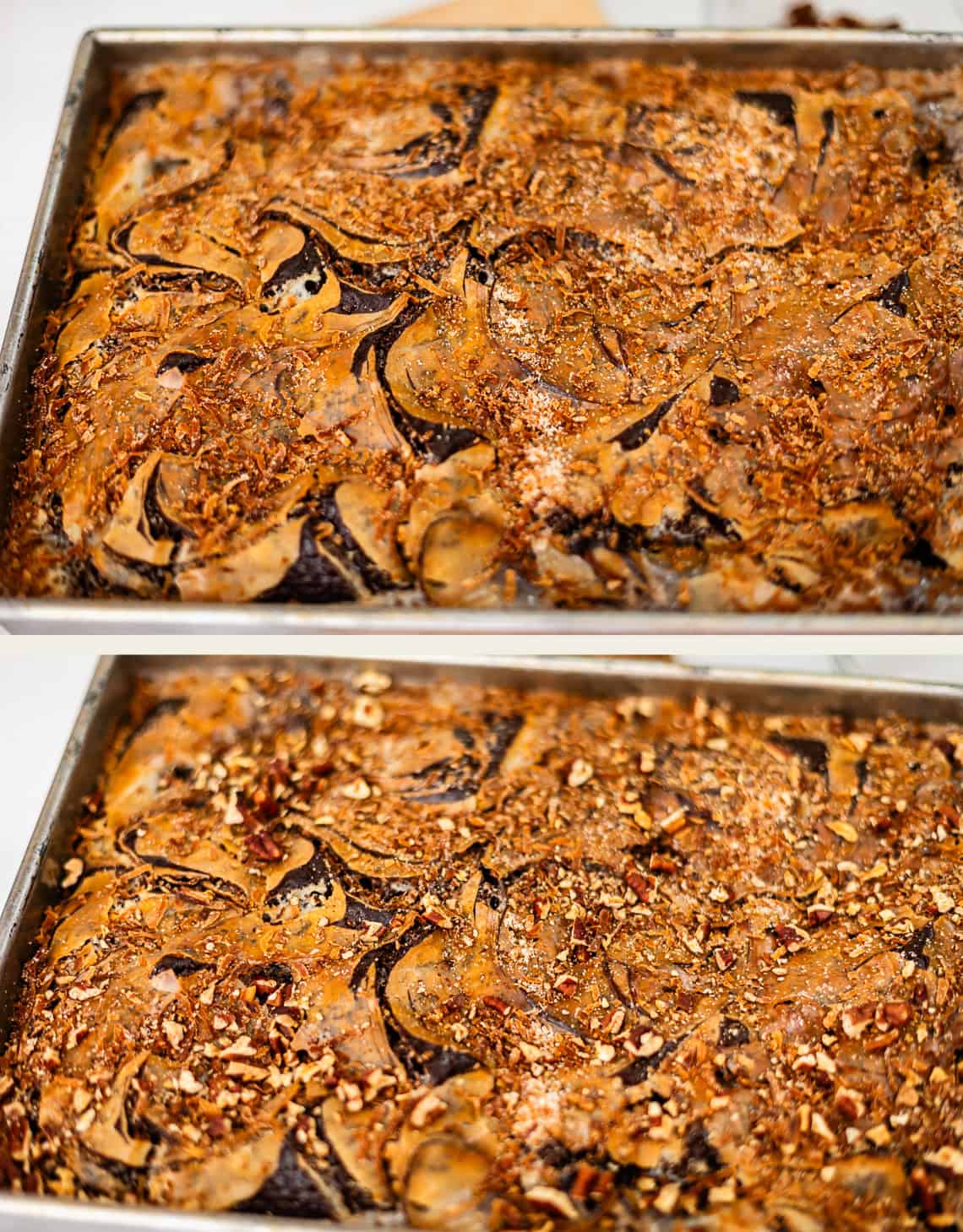 Two rectangular metal baking pans filled with a swirled chocolate and peanut butter marbled cake topped with a nutty crumble.