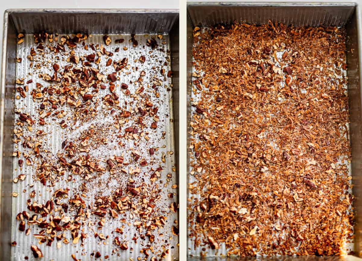 Two side-by-side baking pans: the left shows scattered pecan pieces, and the right shows a dense, even layer of finely chopped, toasted pecans.