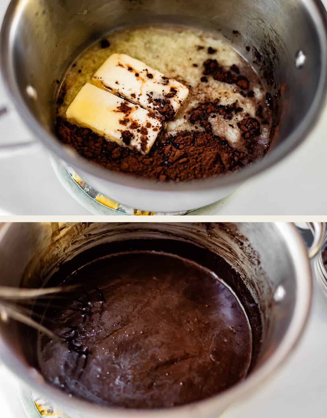 Two-part image showing butter and cocoa powder melting in a saucepan, then whisked together into a smooth chocolate mixture.